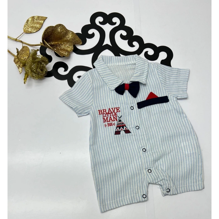Yazlık çizgili papyonlu nakışlı çıtçıtlı erkek bebe tulum