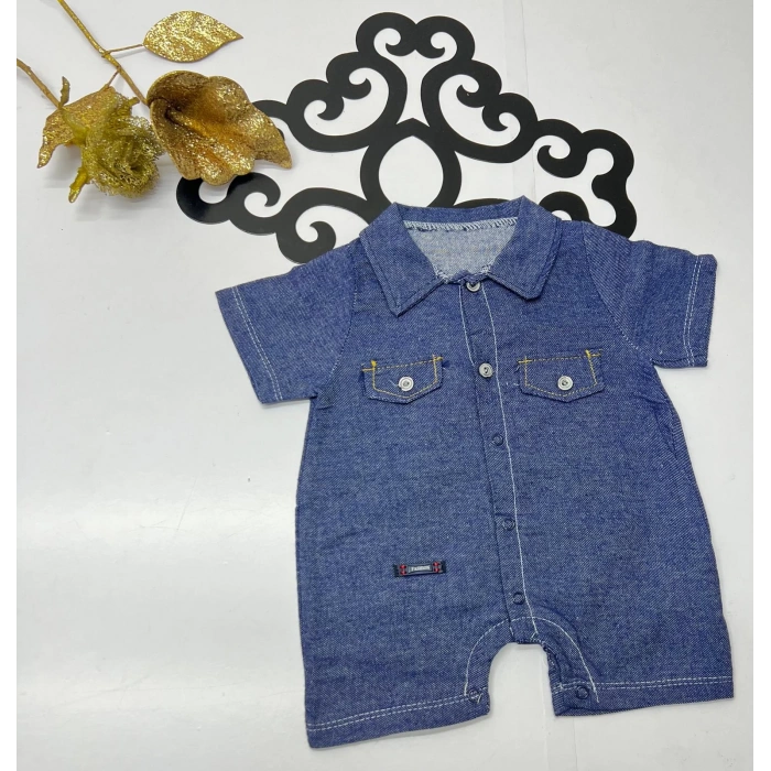 Yazlık erkek sade cepli yakalı düğmeli çıtçıtlı bebe tulum