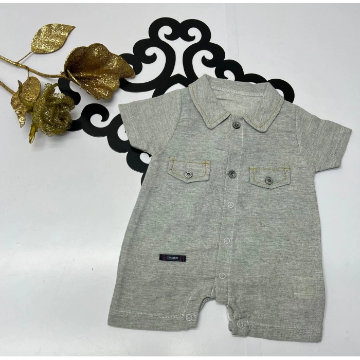 Yazlık erkek sade cepli yakalı düğmeli çıtçıtlı bebe tulum