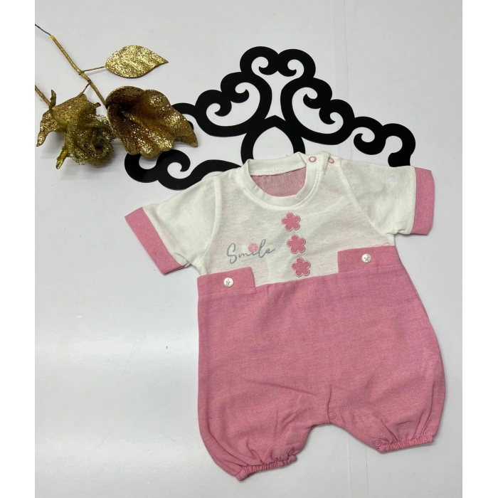 Yazlık nakışlı çıtçıtlı düğmeli kiz bebe tulum