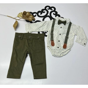 Askılı badili papyon desenli keten cepli pantolonlu düğmeli papyonlu badili kili takım