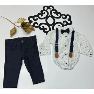 Askılı badili yıldız desenli keten cepli pantolonlu düğmeli papyonlu ikili takım