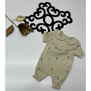 çiçekli nakışlı yakalı dantel kollu yazlık kiz tulum