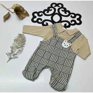 Çizgili kareli düğmeli Slopet görünümlü ayı nakışlı tulum