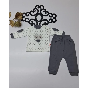 Penye koldan göz nakışlı desenli çıtçıtlı yaka bebe erkek ikili takım