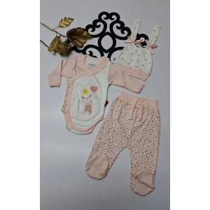Penye tavşan baskılı yandan çıtçıtlı bebe kız 3lü takım