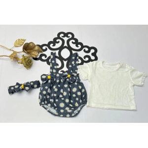 Yazlık çiçekli baskılı papyonlu koldan dantelli tişört 3 lü slopet bebe takım