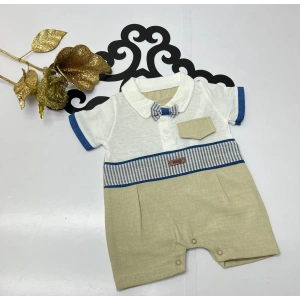 Yazlık çizgili desen papyonlu armalı çıtçıtlı bebe tulum