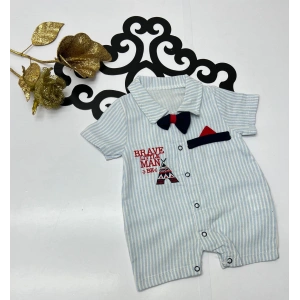 Yazlık çizgili papyonlu nakışlı çıtçıtlı erkek bebe tulum