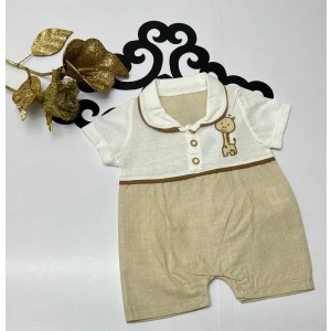 Yazlık düğmeli çıtçıtlı zürafa nakışlı Noktalı desenli bebe erkek tulum