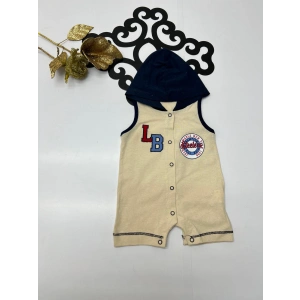 Yazlık LB nakışlı ve baskılı çıtçıtlı kapşonlu bebe tulum