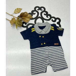 Yazlık Yelekli çizgili çıtçıtlı koldan nakışlı erkek bebe tulum