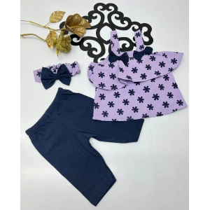 Yazlık yıldız desenli papyonlu kiz bebe 3 lü takım