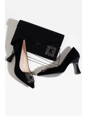 Kadın 7 Cm Topuklu Siyah Süet Taş Detaylı Çanta Kombin Li Stiletto Takımı