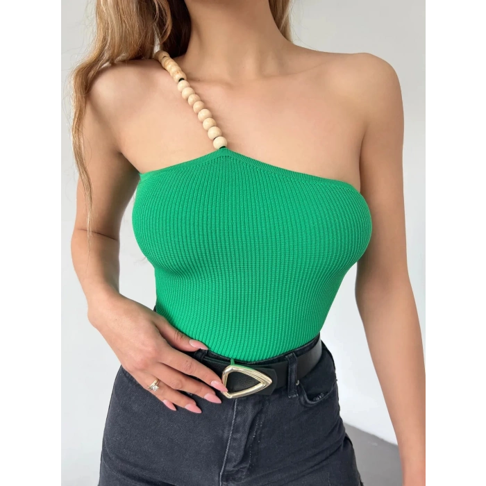 Ahşap Boncuk Detaylı Askılı Triko Bluz Yeşil - DF2303