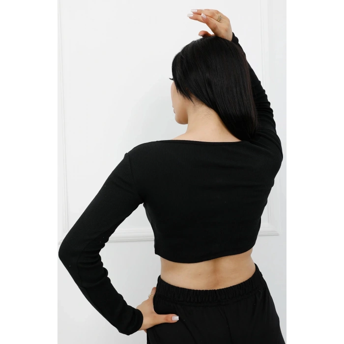 Düğmeli Mini Crop Bady Siyah - P-020494