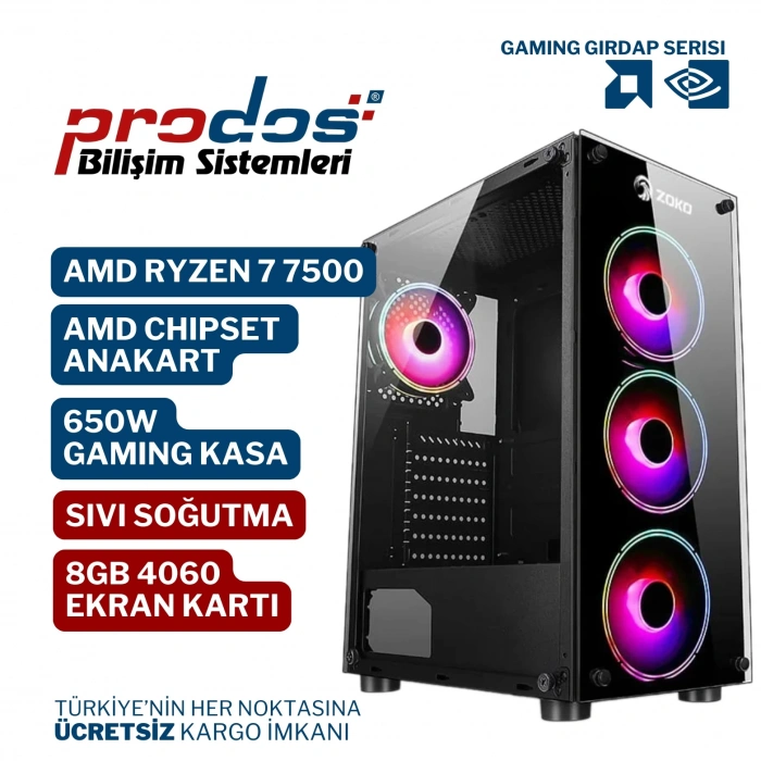 PRODOSGAMING - GİRDAP - AMD RYZEN 7 7700 İŞLEMCİ 8 GB 4060 EKRAN KARTI SIVI SOĞUTMA 650W GAMİNG KASA - 48 GB DDR4 - 1 TB SSD