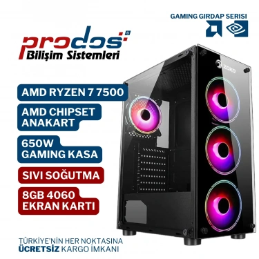 PRODOSGAMING - GİRDAP - AMD RYZEN 7 7700 İŞLEMCİ 8 GB 4060 EKRAN KARTI SIVI SOĞUTMA 650W GAMİNG KASA - 8 GB DDR4 - 4 TB SSD