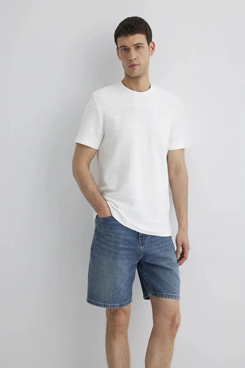 Mavi 0611409 0 Yaka Erkek Tshirt - Ekru