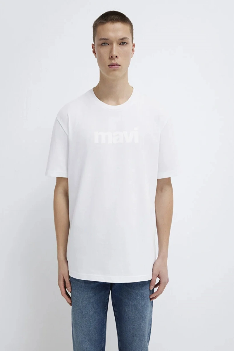 Mavi 0611807 0 Yaka Erkek Tshirt - Beyaz
