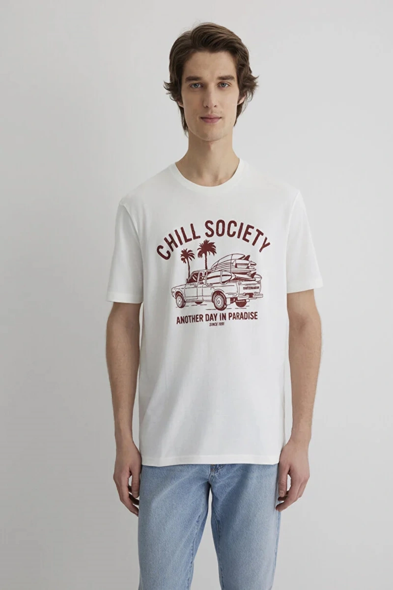 Mavi 0612078 0 Yaka Erkek Tshirt - Ekru