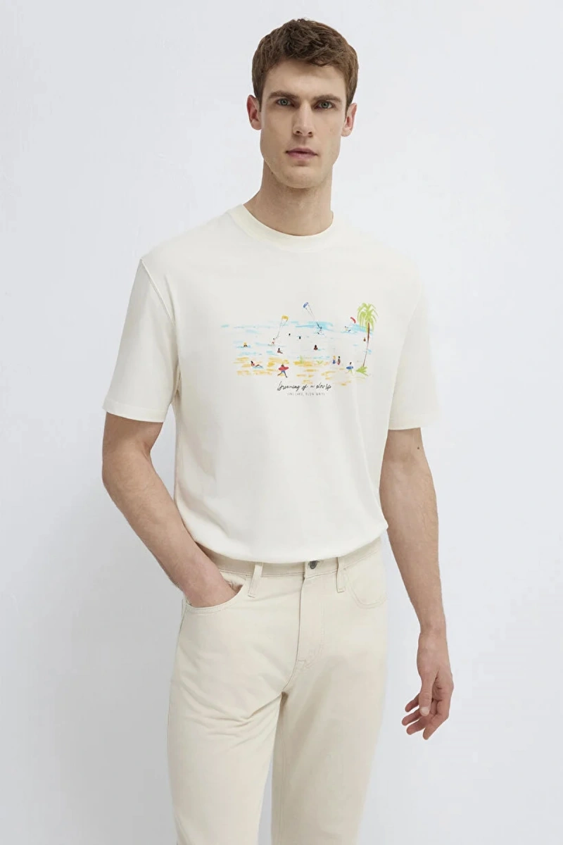 Mavi 0613320 0 Yaka Erkek Tshirt - Ekru