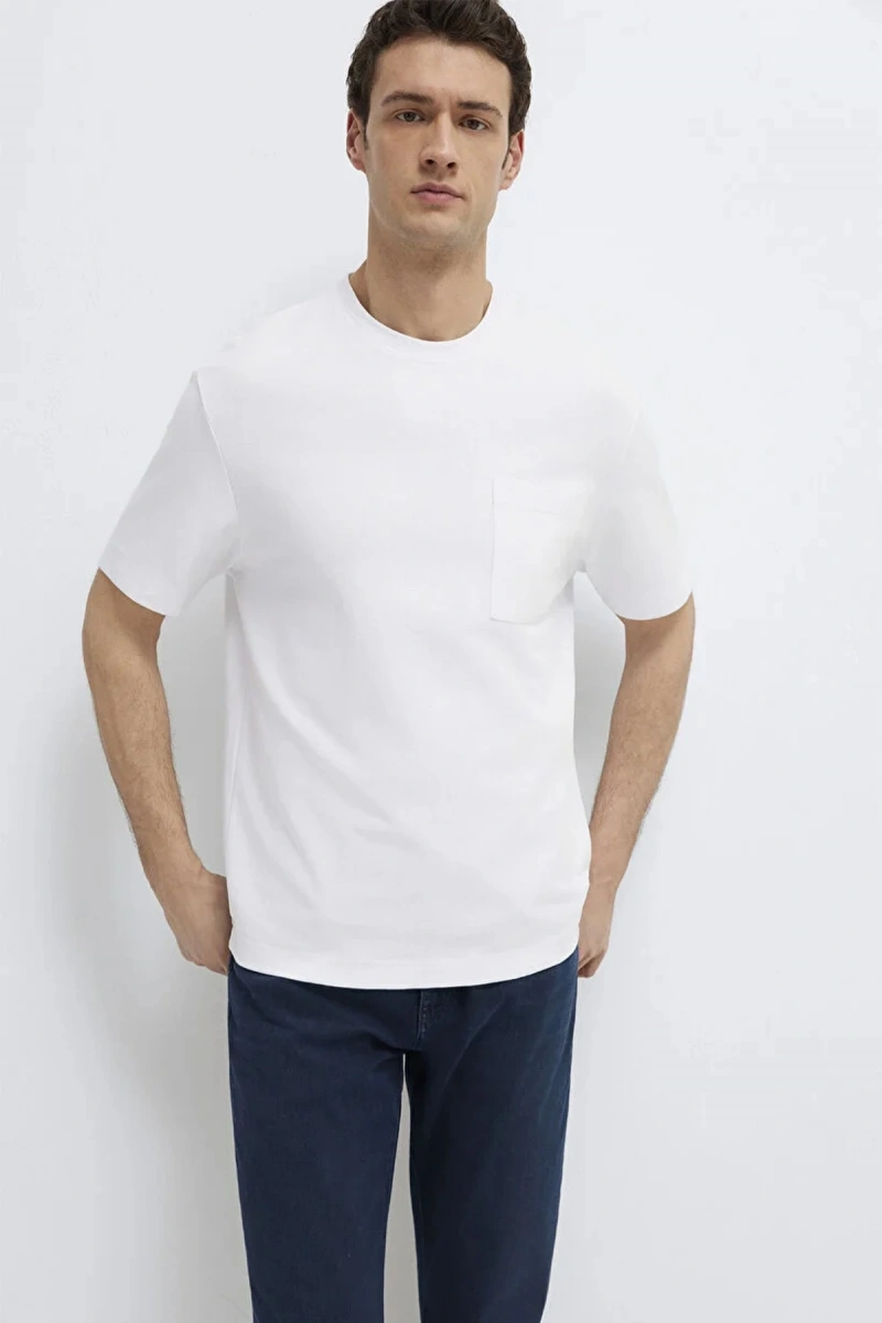 Mavi 0613339 0 Yaka Erkek Tshirt - Beyaz