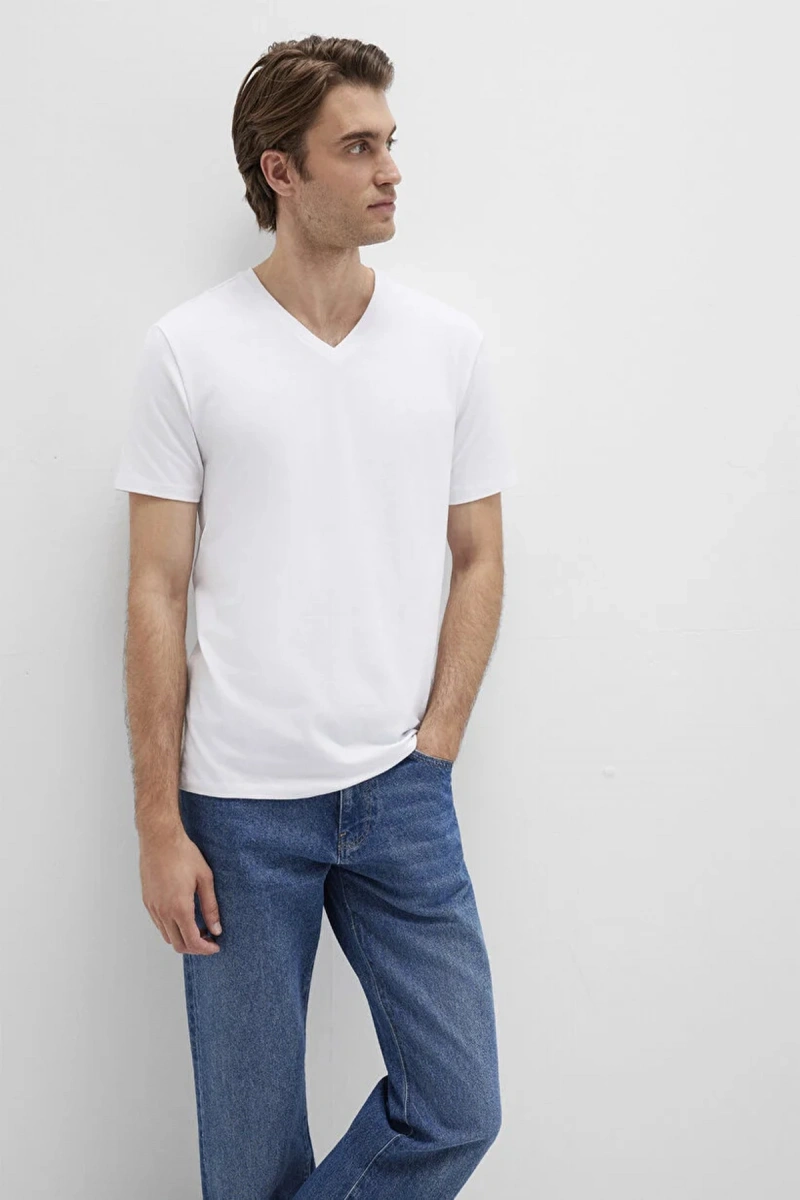 Mavi 061748 V Yaka Erkek Basic Tshirt - Beyaz