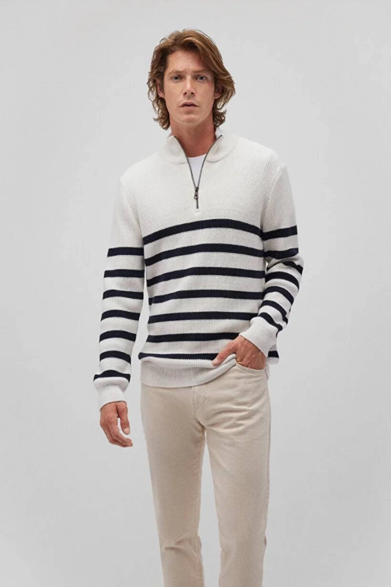 Mavi 0710131 Yarim Fermuarli Erkek Triko - Beyaz Cizgili