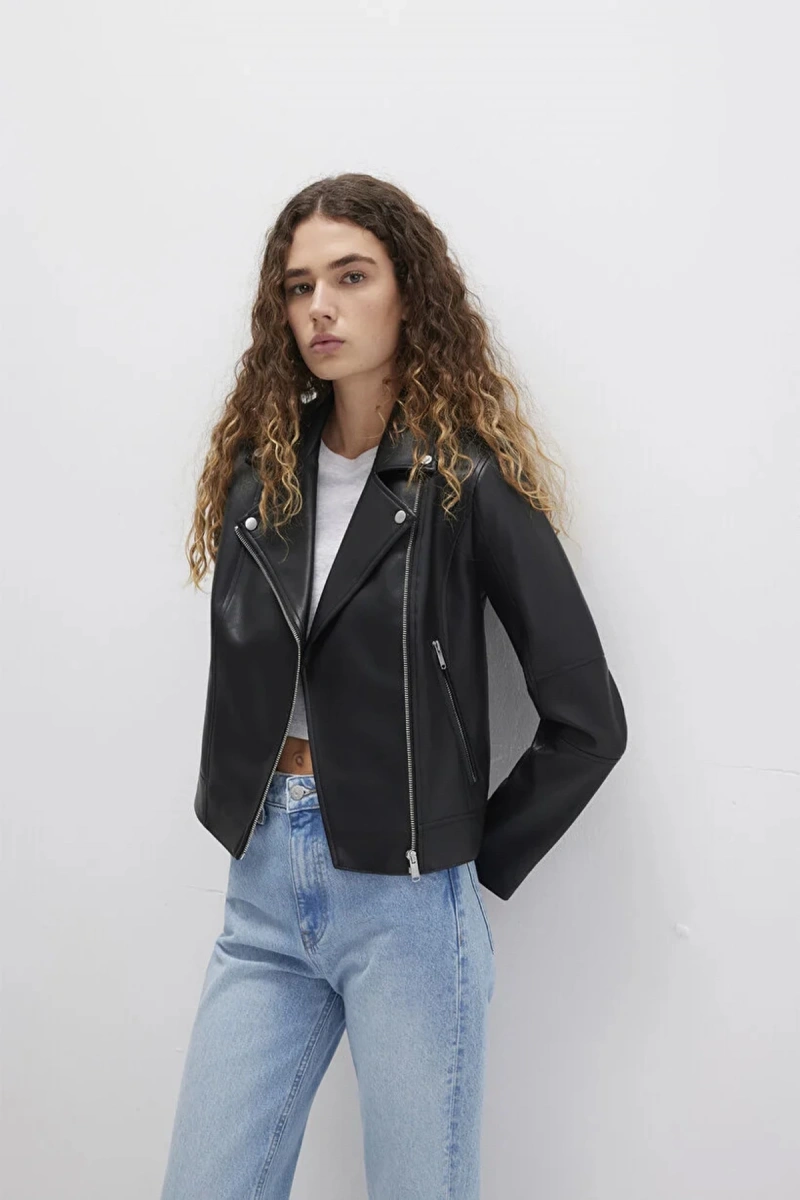 Mavi 1110221 Biker Yaka Suni Deri Kadin Ceket - Siyah
