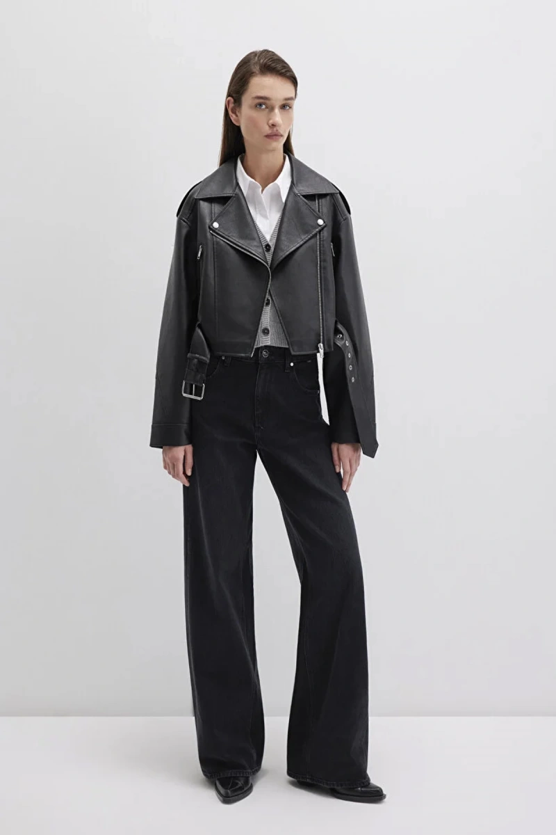 Mavi 1110375 Suni Deri Crop Kadin Ceket - Siyah