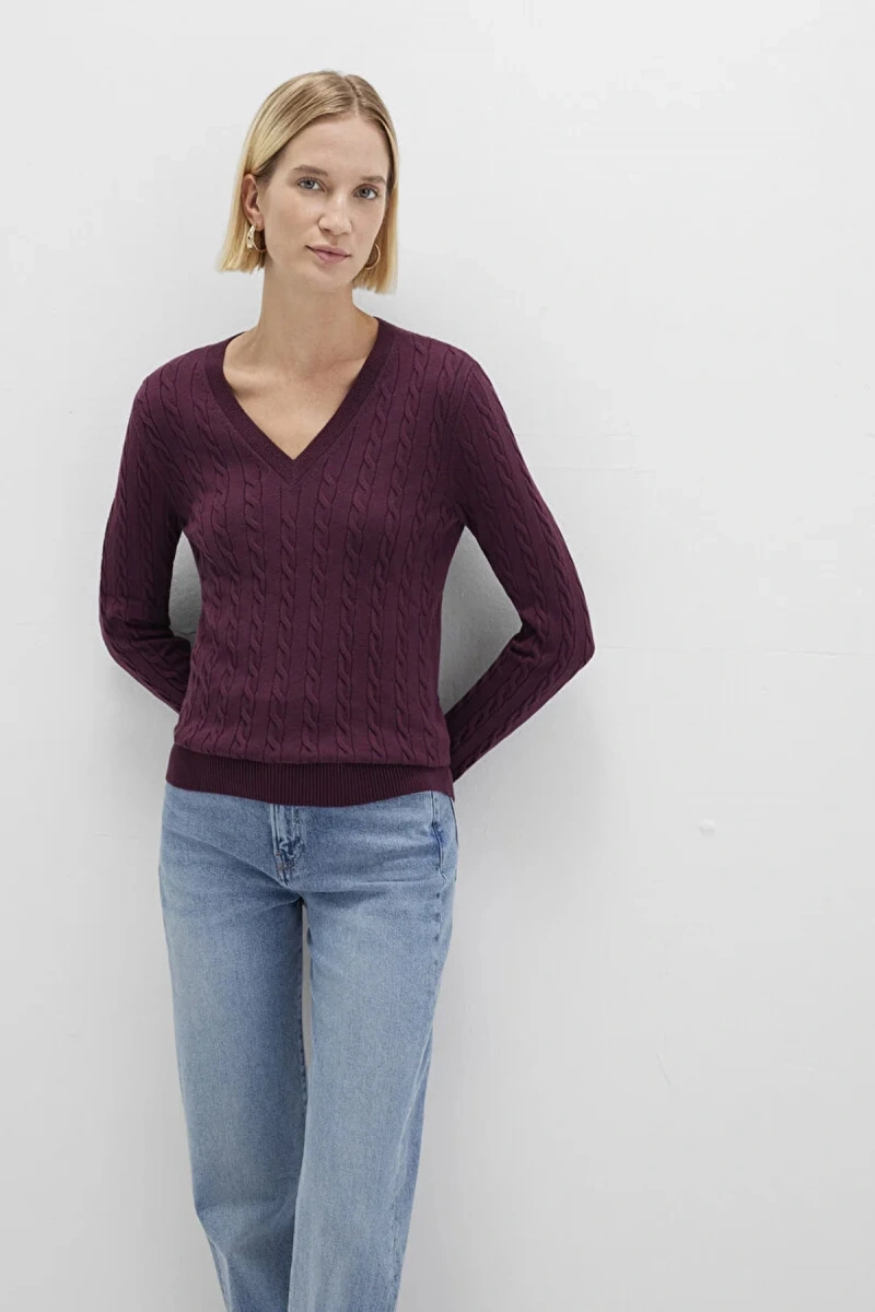 Mavi 1710340 V Yaka Kadin Triko - Bordo