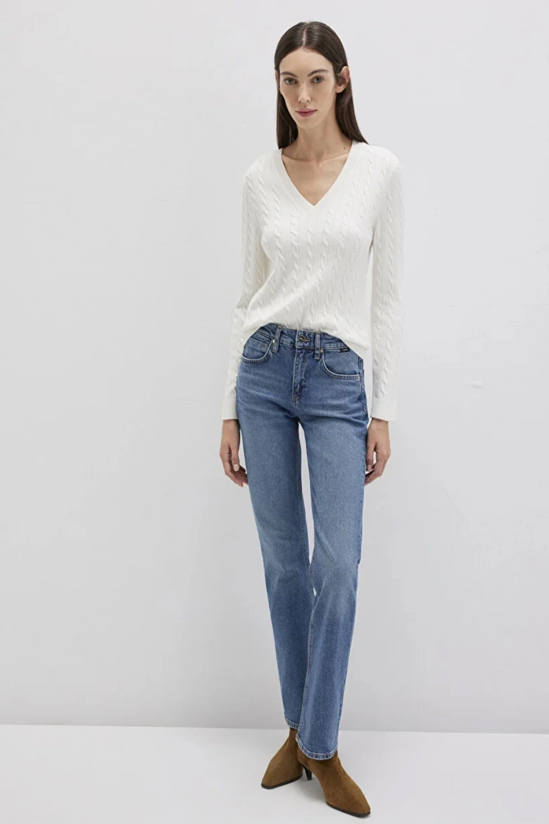 Mavi 1710340 V Yaka Kadin Triko - Ekru