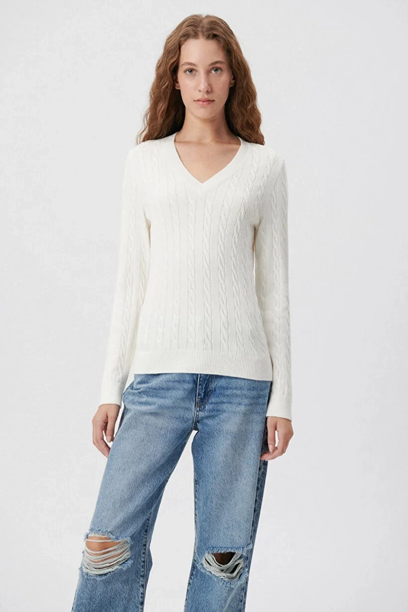 Mavi 1710340 V Yaka Kadın Triko - Ekru