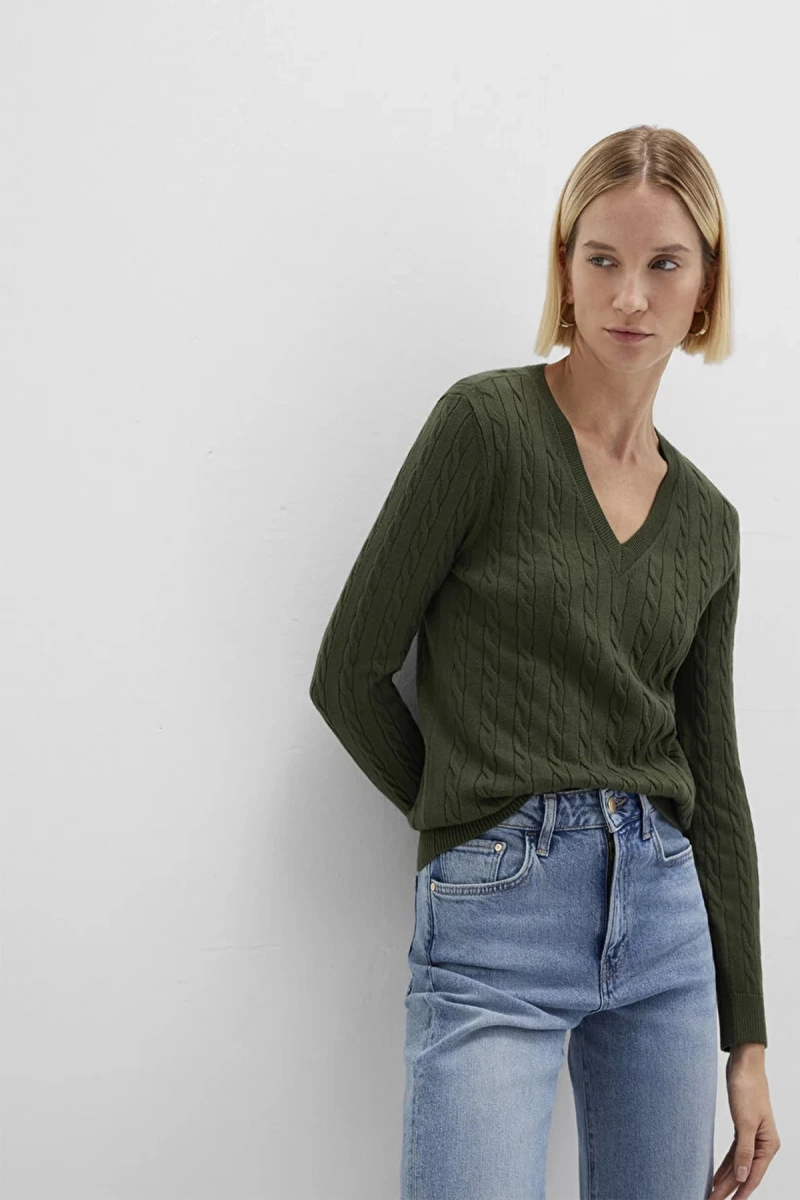 Mavi 1710340 V Yaka Kadin Triko - Haki