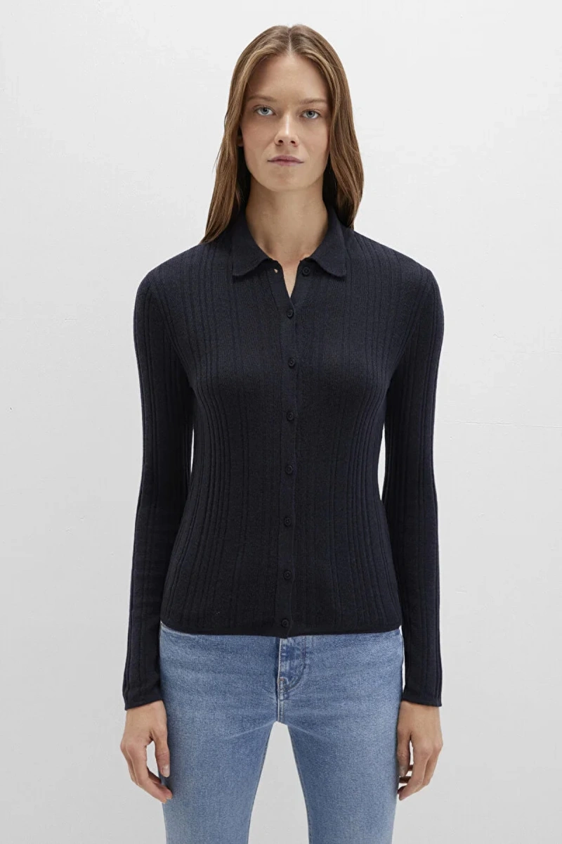 Mavi 1710838 Yakali Komple Dugmeli Kadin Triko - Siyah