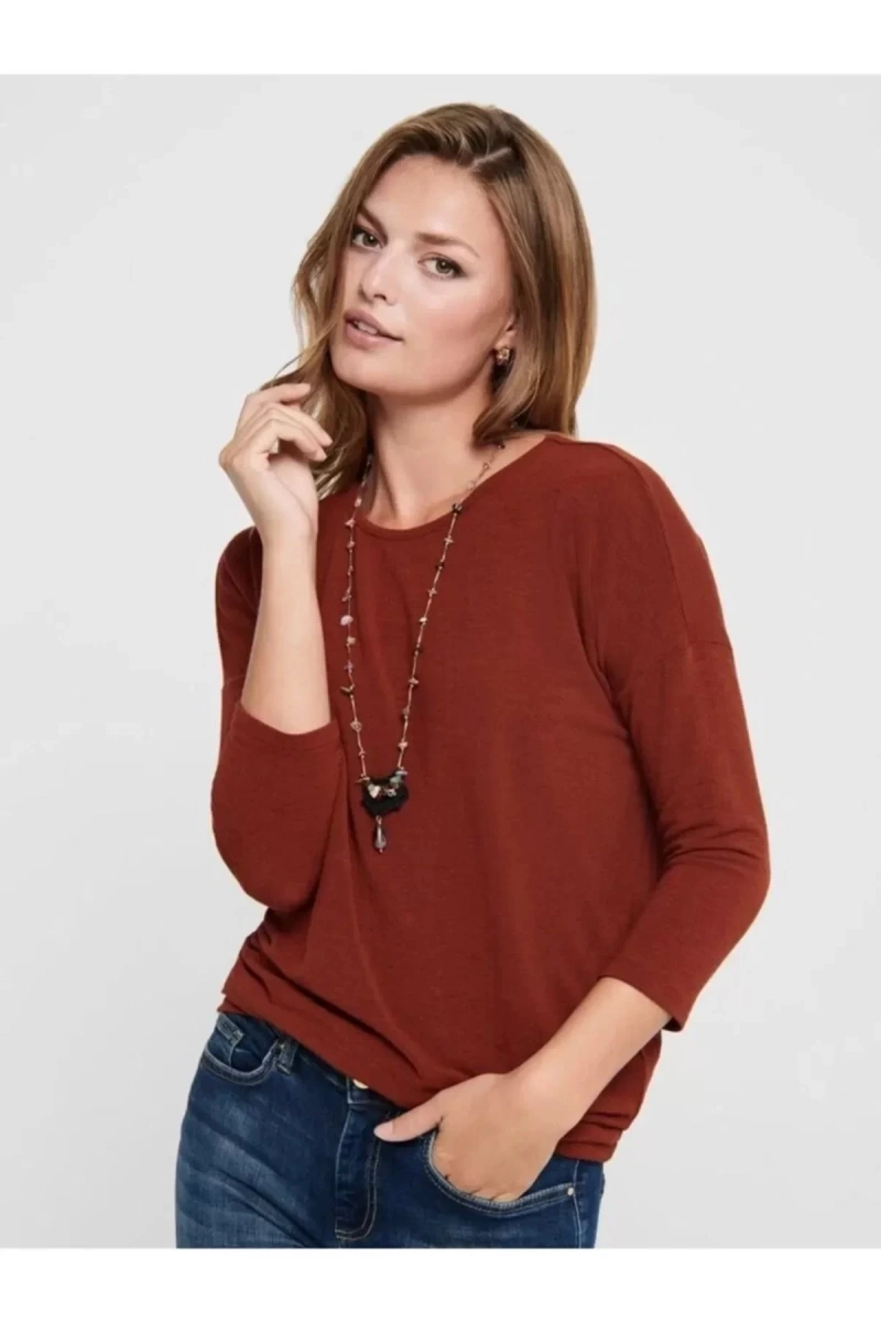 Only 15157920 Genis Yaka Dirsek Kol Kadın Body - Kahverengi