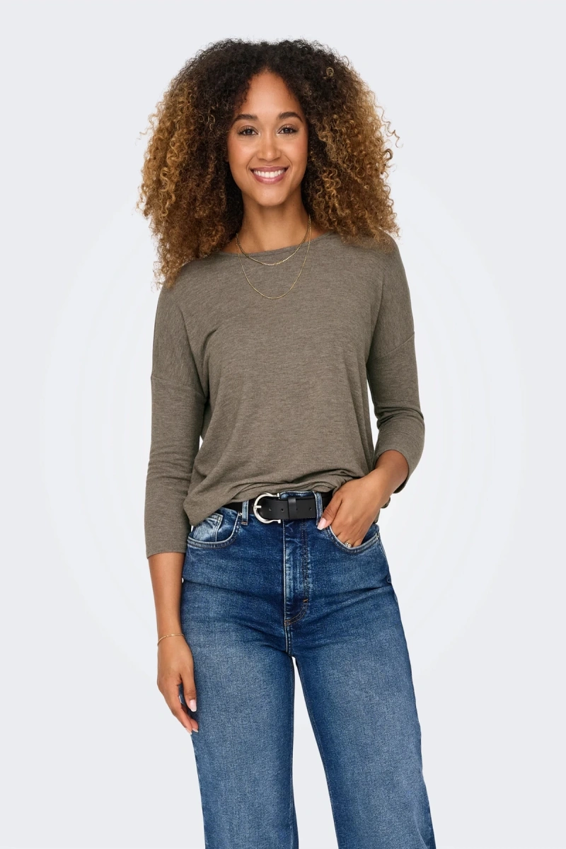 Only 15157920 Genis Yaka Dirsek Kol Kadın Body - Toprak