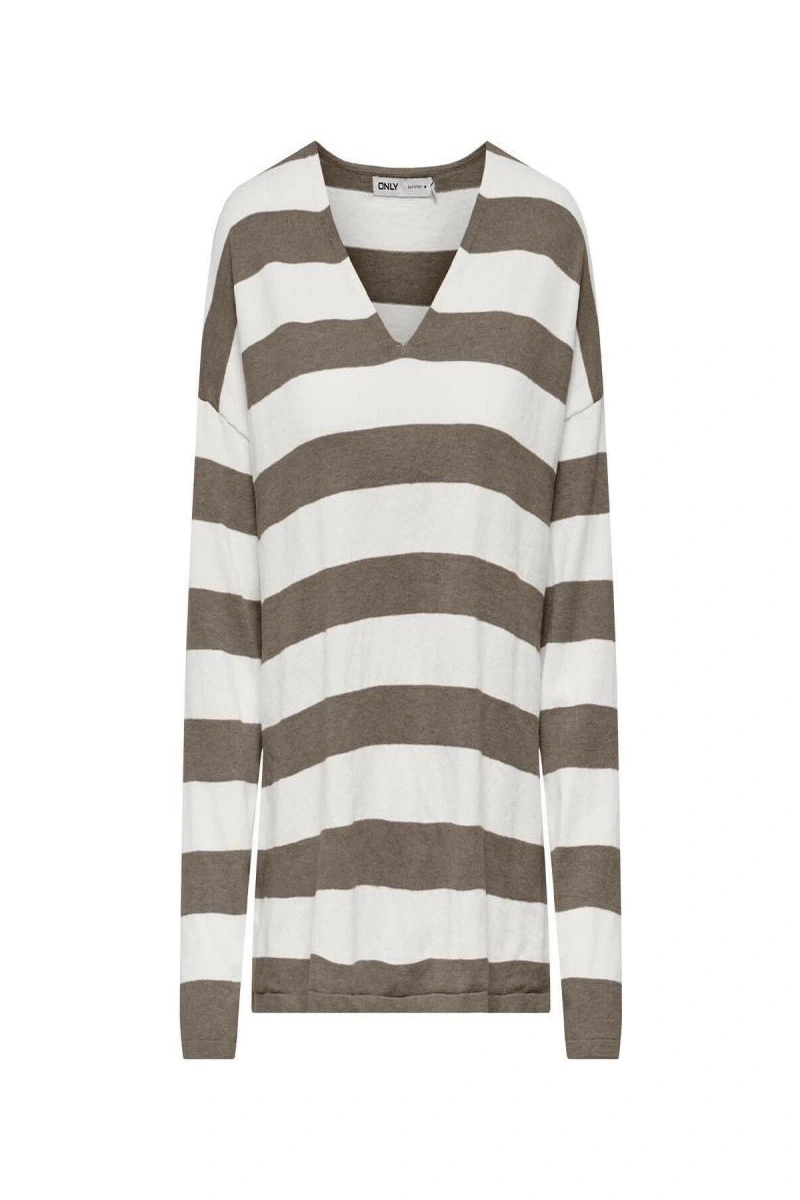 Only 15354092 V Yaka Kadin Triko - Kahve Cizgili