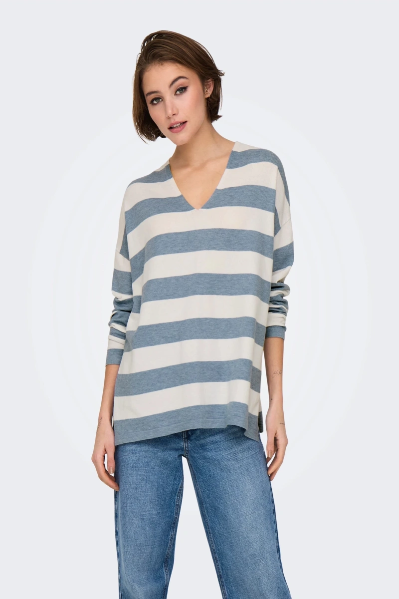 Only 15354092 V Yaka Kadin Triko - Mavi Cizgili