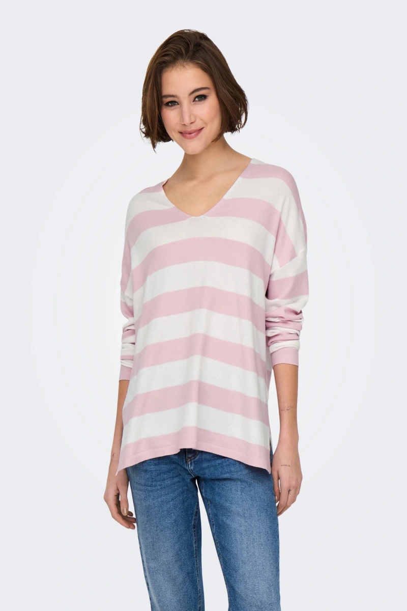 Only 15354092 V Yaka Kadin Triko - Pembe Cizgili