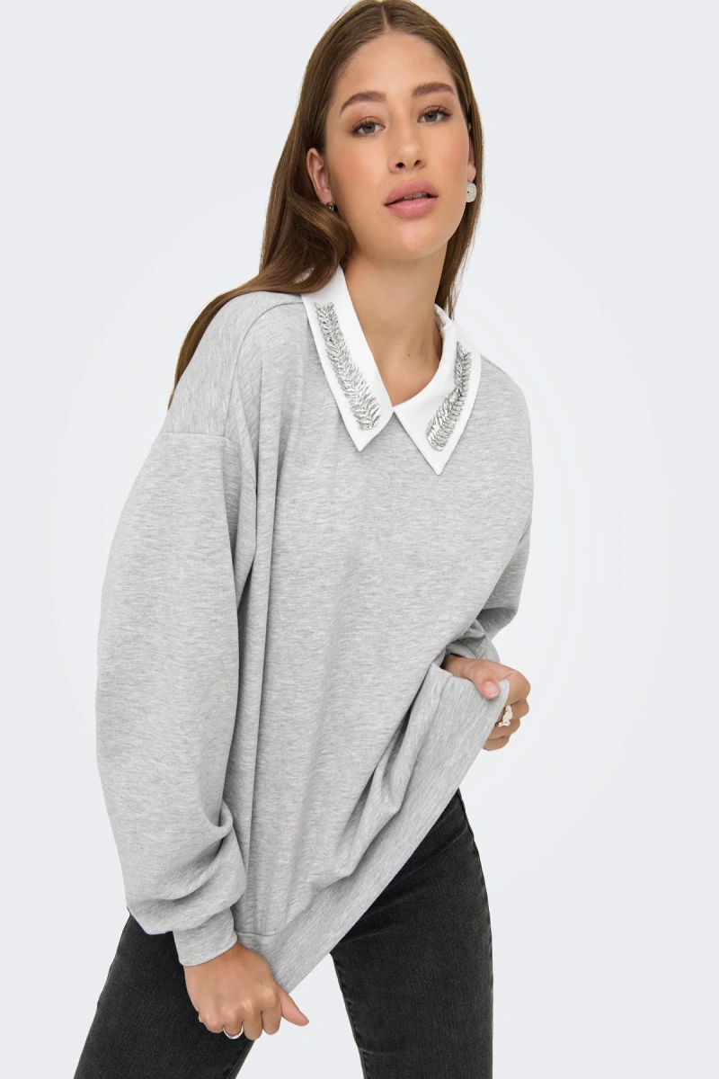 Only 15356097 Yaka Tas Isli Kadin Sweat - Gri