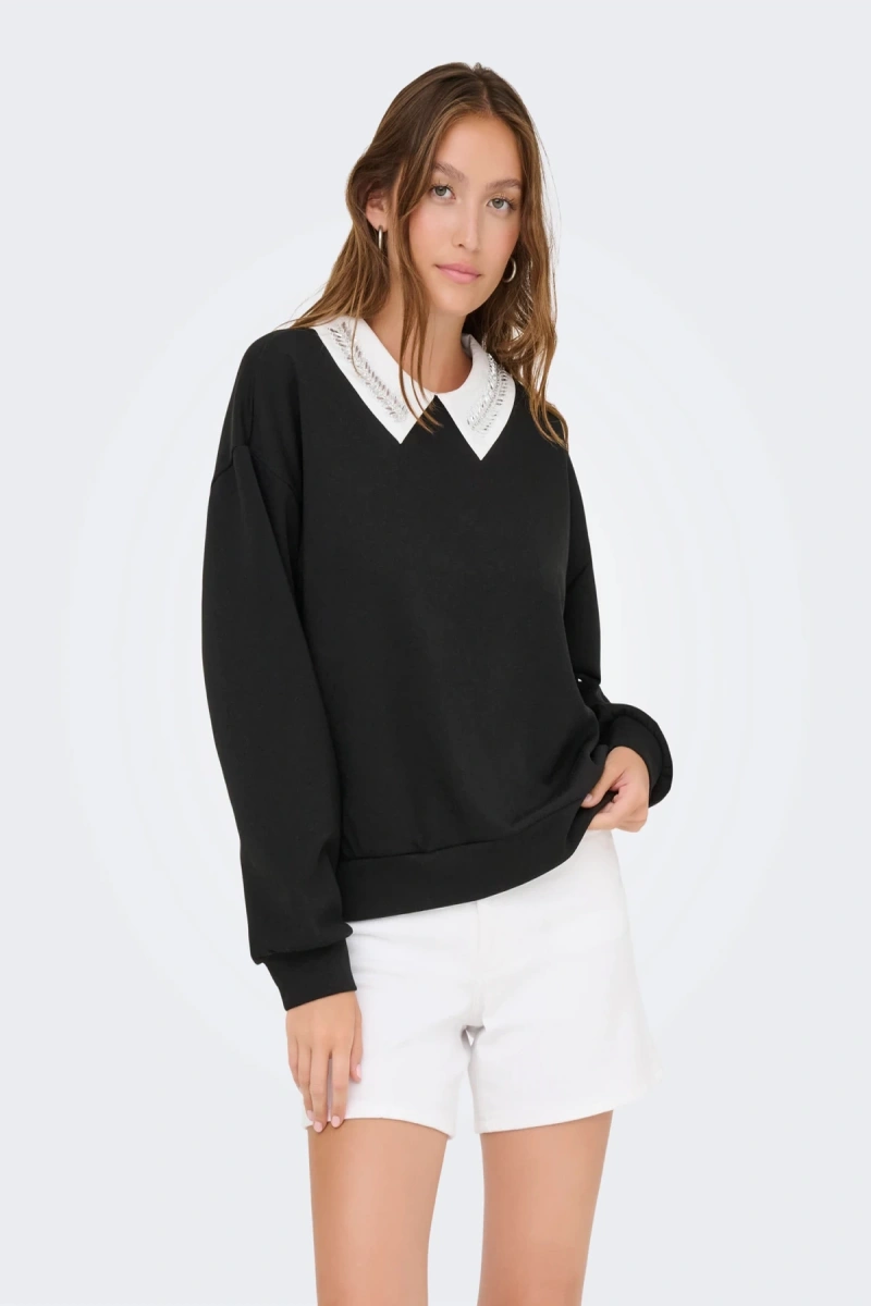 Only 15356097 Yaka Tas Isli Kadin Sweat - Siyah