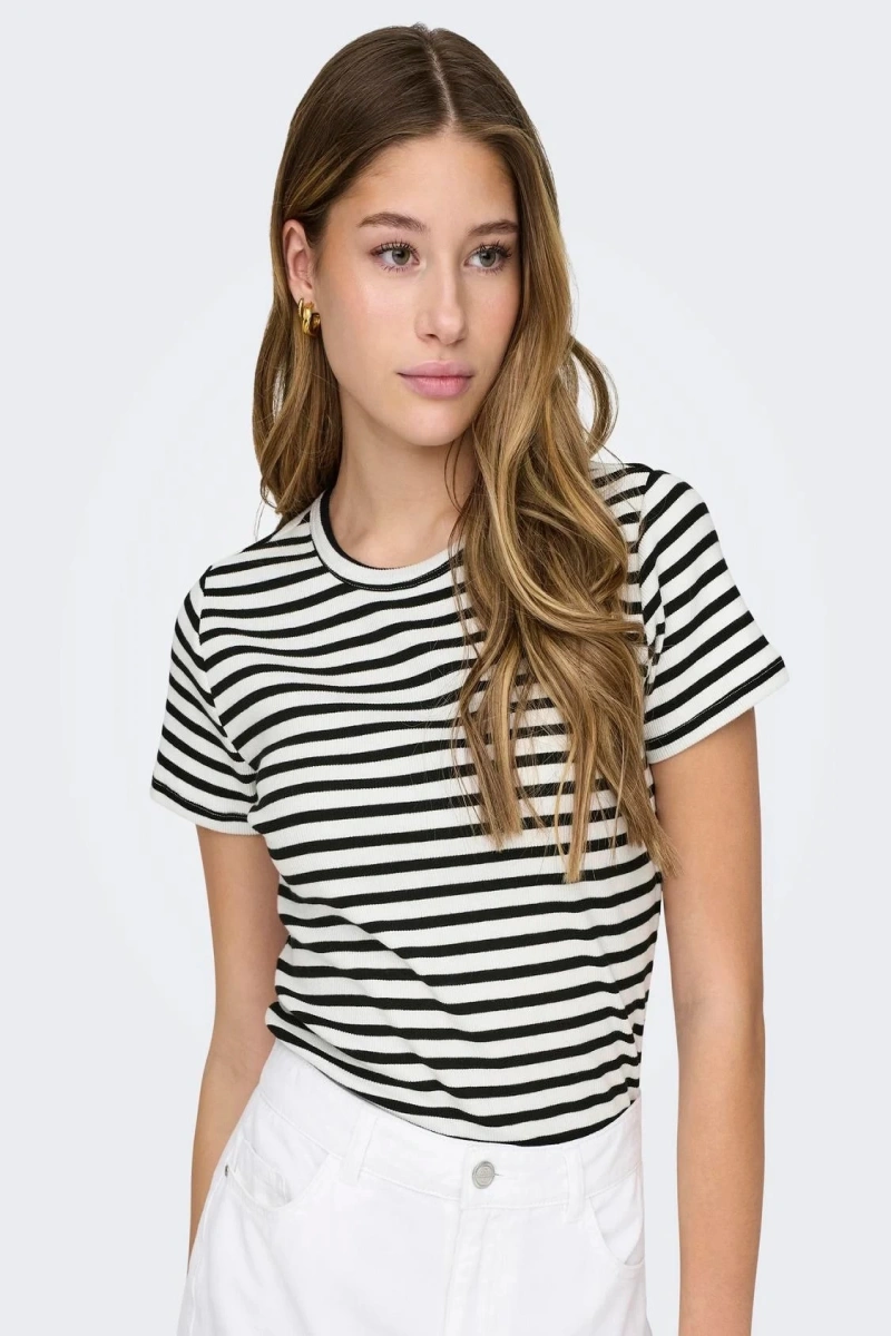 Only Jdy 15314449 0 Yaka Yatay Cizgili Kadın Body - Siyah Beyaz Cizgili
