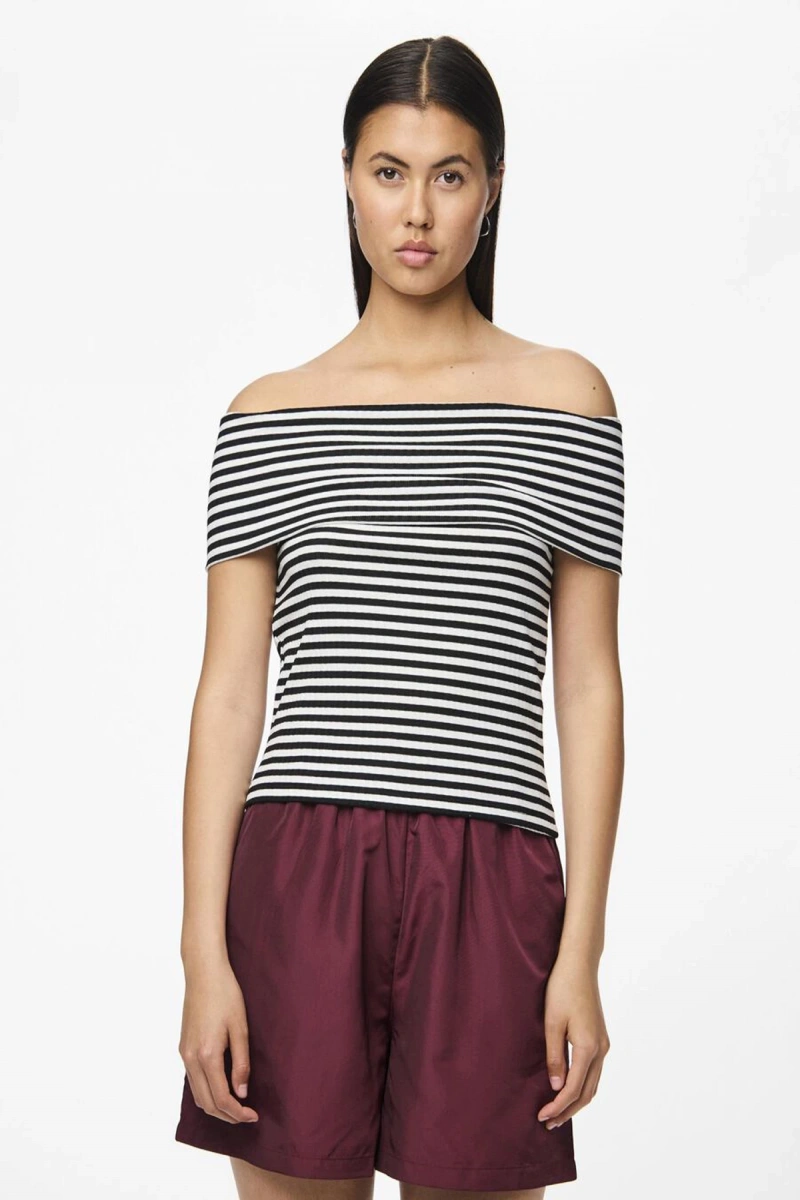 Only Pieces 17156179 Sal Yaka Yatay Cizgili Kadin Body - Lacivert Cizgili