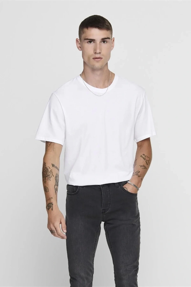 Only&sons 22002973 0 Yaka Erkek Tshirt - Ekru