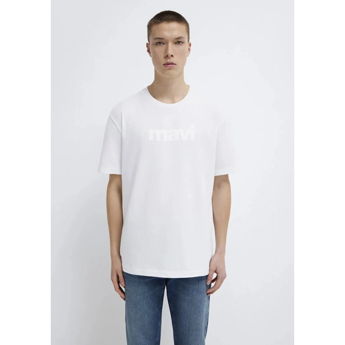 Mavi 0611807 0 Yaka Erkek Tshirt - Beyaz
