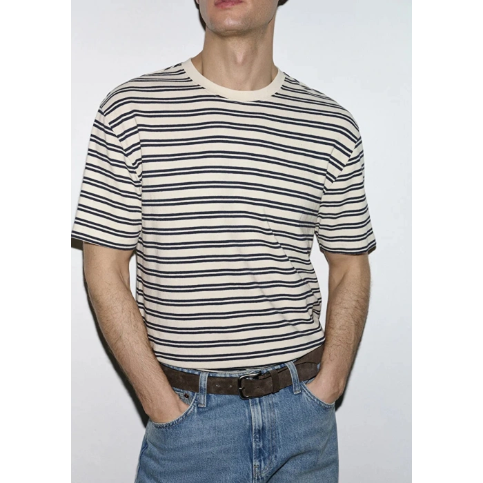 Mavi 0613166 0 Yaka Erkek Tshirt - Krem Cizgili