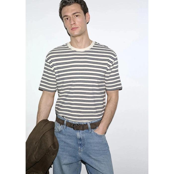 Mavi 0613166 0 Yaka Erkek Tshirt - Krem Cizgili