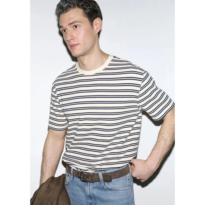 Mavi 0613166 0 Yaka Erkek Tshirt - Krem Cizgili